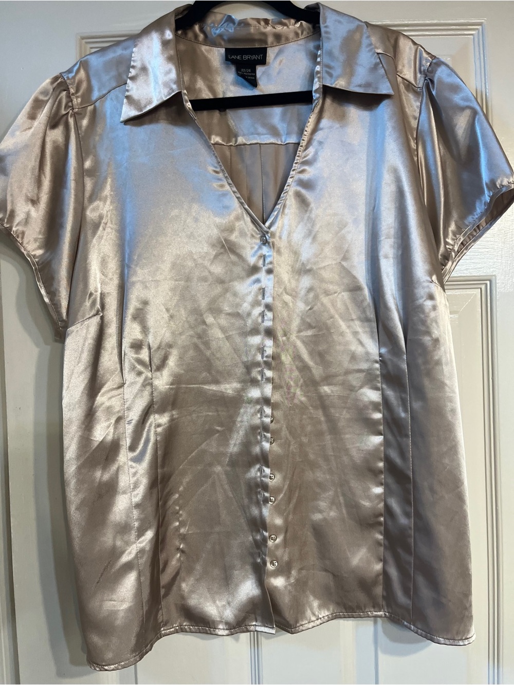 Lane Bryant Cream Silver Satin V-Neck Button-Down Blouse